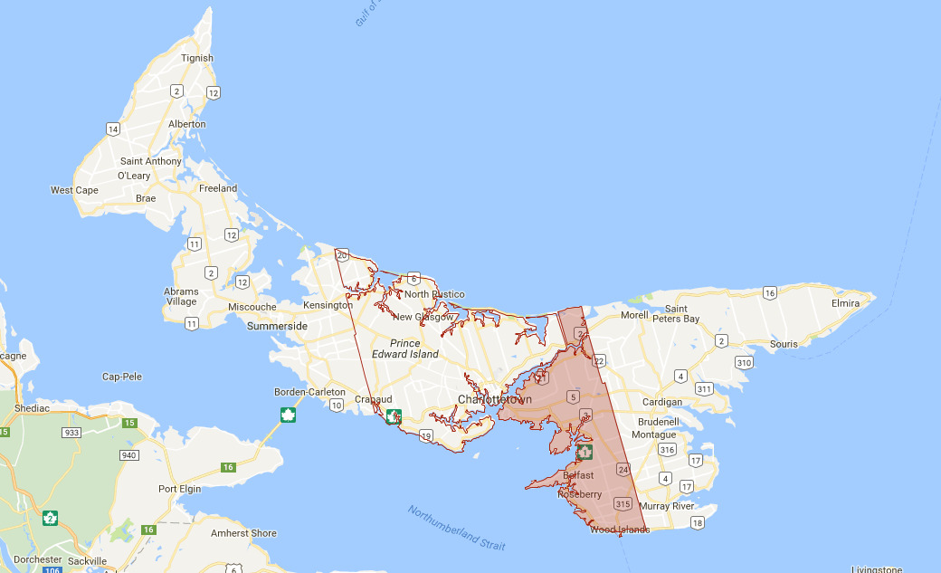 Map of prince edward island with the eastern Queens region highlighted