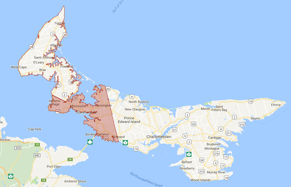 Map of prince edward island with the Evangeline Coast and East Prince region highlighted