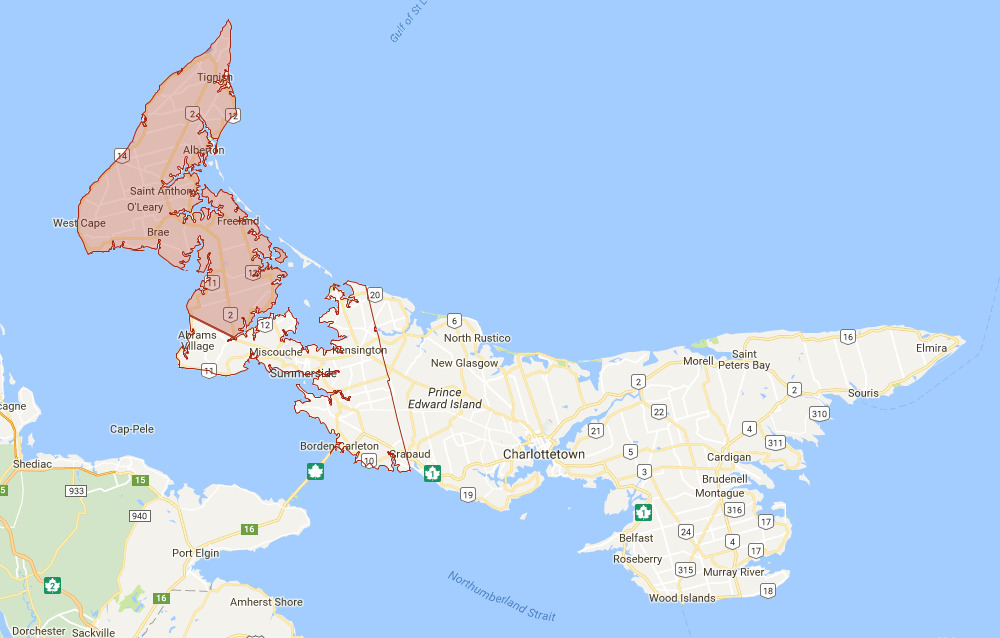 Map of prince edward island with the west Prince region highlighted