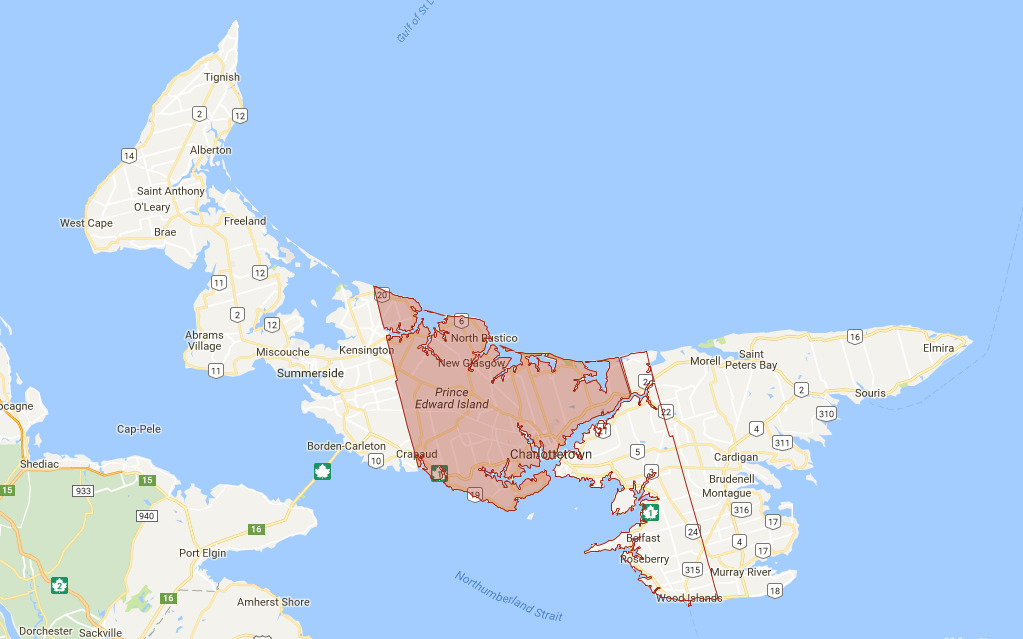 Map of prince edward island with the western Queens region highlighted
